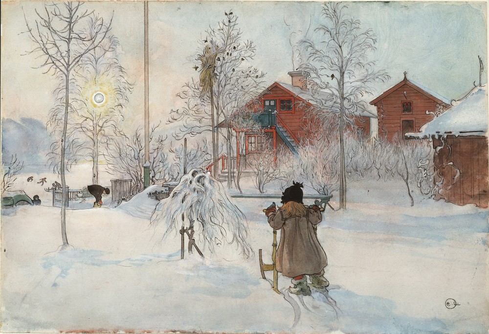 Carl Larsson, Hof und Waschhaus (Eis (Kälte),Eislauf,Haus,Jahreszeiten,Jugendstil,Kind,Kunst,Mädchen,Vogel,Winter,Aussentreppe,Schnee,See,Baum,Schlitten,Architekturdarstellung,Schwedische Kunst,Waschhaus,Landleben,Holzhaus,Jahrhundertwende,Skandinavische Kunst,Dorfleben)