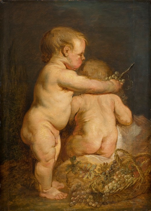 Anthonis van Dyck, Two Nude Children with a Basket of Grapes (Babys, Kleinkinder, Knaben, nackt, proper, dick, Babyspeck, Weintrauben, Obstkorb, naschen, Barock, Klassiker, Wunschgröße, Wohnzimmer, Esszimmer)