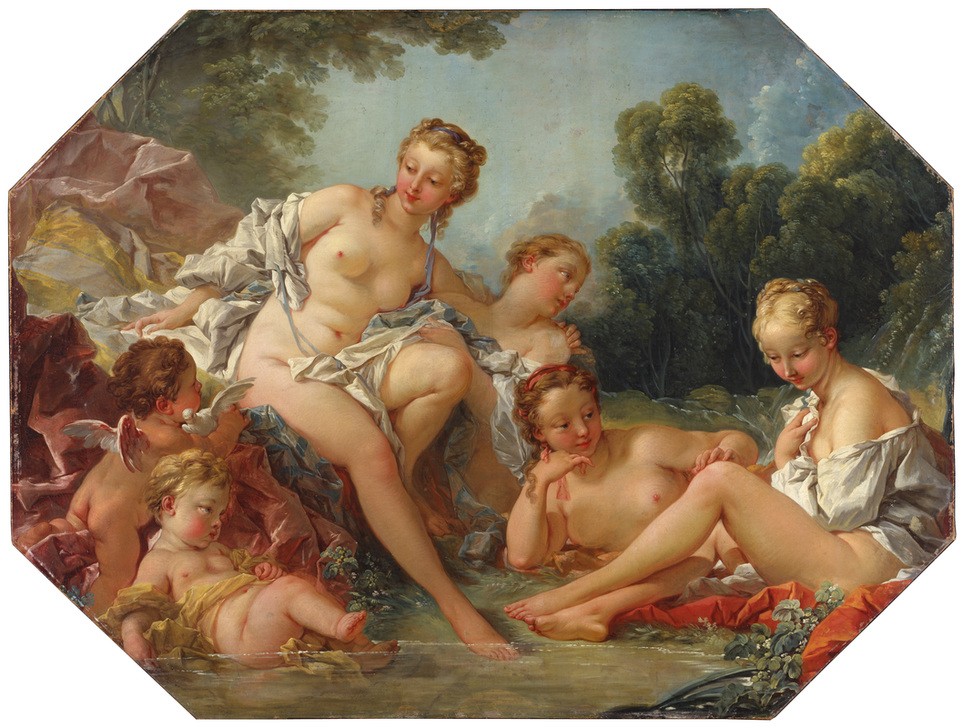 Francois Boucher, Venus beim Bade, umgeben von Nymphen und Amoren (Körperpflege, Göttin, Venus, Mythologie, Frauen, Nymphen,   Bad, Schönheit, Rokoko, Klassiker, Wunschgröße, Wohnzimmer,  Malerei, bunt)