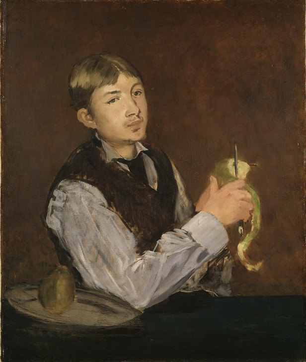 Edouard Manet, Junger Mann eine Birne schälend (Früchte,Kunst,Mann,Obst,Portrait,Messer,Französische Kunst,Birne,Knabe,Sitzen,Brustbild,Schälen,Pullunder,Jugendlicher,Junger Mann)