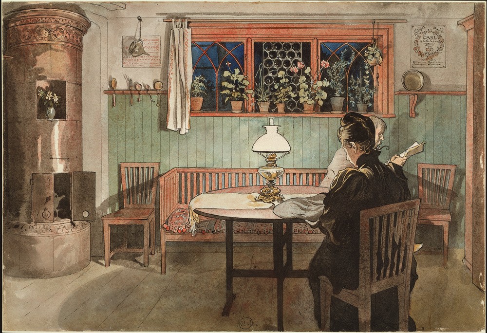 Carl Larsson, Wenn die Kinder zu Bett gegangen sind (Bauernhaus,Ehepaar,Handarbeit,Haus,Jugendstil,Küche,Kunst,Landhaus,Leser,Petroleumlampe,Tageszeiten,Abend,Kachelofen,Lesen (Allgemein),Ofen (Heizung),Interieur,Architekturdarstellung,Schwedische Kunst,Paar,Innenansicht,Jahrhundertwende,Eheleben,Skandinavi)