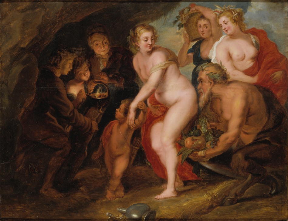 Anonym, Without Ceres and Bacchus Venus freezes (Götter, Venus,Sartyr, Ernte, Früchte, Höhle,  Liebe,  Mythologie, Barock, Akt, Klassiker, Antikenrezeption, Malerei, Wunschgröße, Wohnzimmer, bunt)