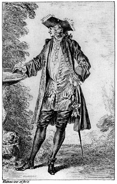 Jean-Antoine Watteau, 'Figure', c1700-1720, (1924) (Zeichnung, Klassiker,  Mann, Uniform, Degen, Eleganz, Aristokratie, Mode, Wasserbecken, Rokoko, Wohnzimmer, Klassiker, Wunschgröße, schwarz/weiß)