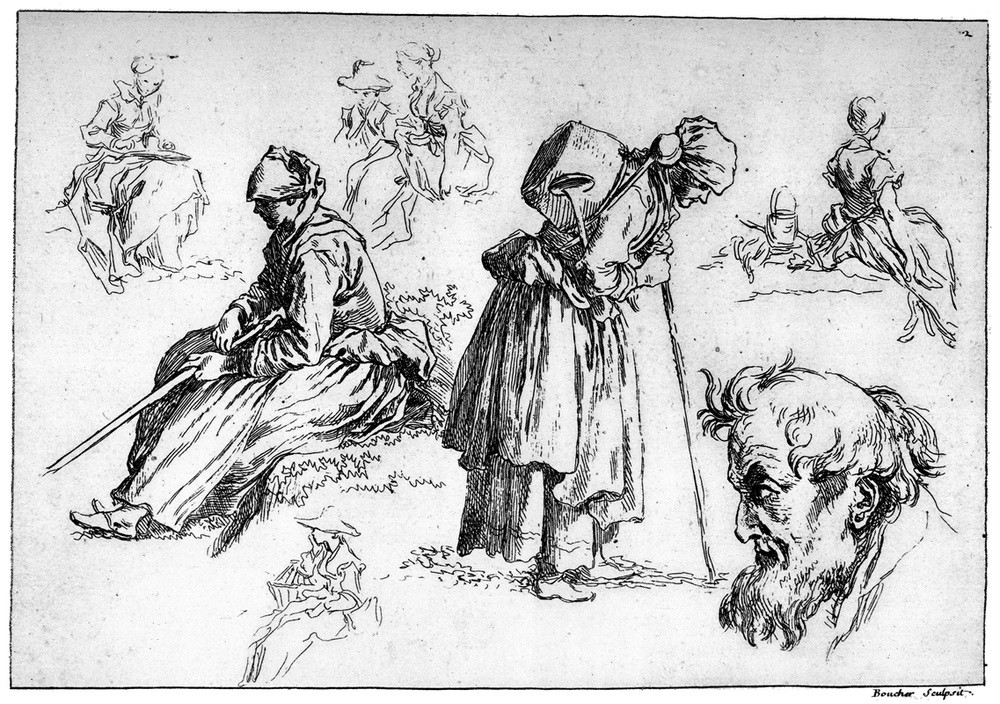 Francois Boucher, 'Diverse Figures', c1720-1770, (1924) (Arbeit, Armut, Landarbeiter, alte Frau, Mann, Alter,  Monochromie, Studie, Treppenhaus, Wohnzimmer, Wunschgröße, Klassiker, schwarz/weiß)