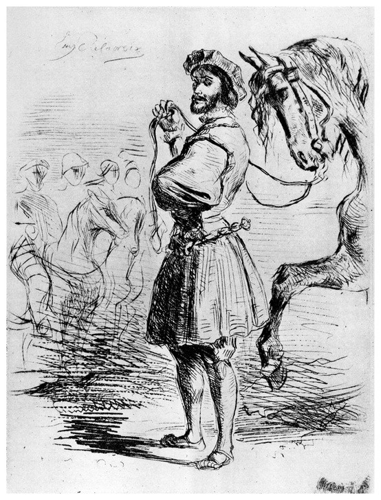 Eugene Delacroix, Cavalier Francais, c1820-1860, (1924) (Krieg,Mann,Pferd (Tier),Soldat,Portrait,Tag,Kleid,Tier,Jacke,Zügel,Monochromie)
