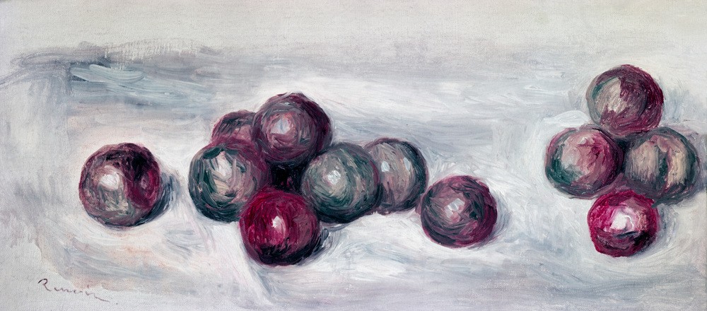 Pierre-Auguste Renoir, Nature morte aux fruits (Früchte,Kunst,Obst,Pflaume,Impressionismus,Nahrungsmittel,Stillleben,Französische Kunst,Signatur)
