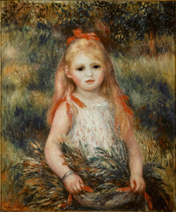 Pierre-Auguste Renoir, Petite fille à la gerbe (Kind,Kunst,Mädchen,Maler (Künstler),Mensch,Impressionismus,Kleinkind,Portrait,Französische Kunst,Blonde Haare,Menschen Im Garten)