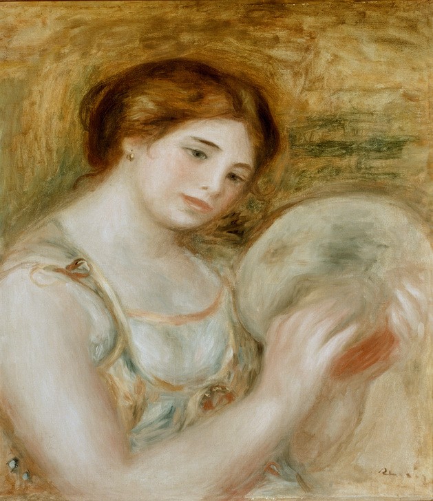 Pierre-Auguste Renoir, Femme au tambourin (Frau,Kunst,Mensch,Musik,Impressionismus,Portrait,Französische Kunst,Tambourin,Junge Frau,Halbfigur,Signatur)