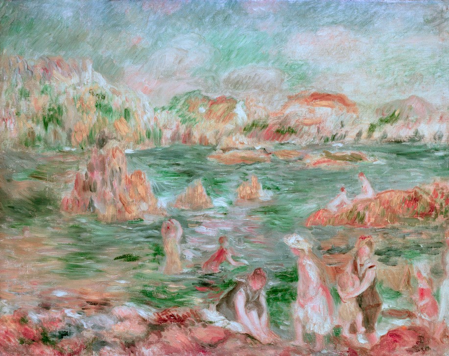 Pierre-Auguste Renoir, Plage de Guernsey (Insel,Frau,Küste,Kunst,Landschaft,Mädchen,Schwimmen,Meer,Impressionismus,Marinemalerei,Felsen,Französische Kunst)