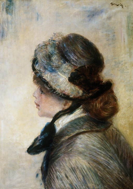 Pierre-Auguste Renoir, Portrait d'une jeune dame au chapeau à plumes (Frau,Mensch,Impressionismus,Hut,Portrait,Feder,Französische Kunst,Profil,Junge Frau,Halbfigur)