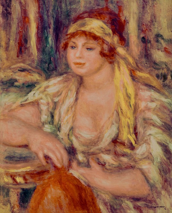 Pierre-Auguste Renoir, Madame Renoir au turban jaune (Ehefrau,Frau,Kunst,Mensch,Impressionismus,Turban,Ehefrau Von Berühmten,Portrait,Französische Kunst,Sitzen,Junge Frau,Halbfigur,Signatur)