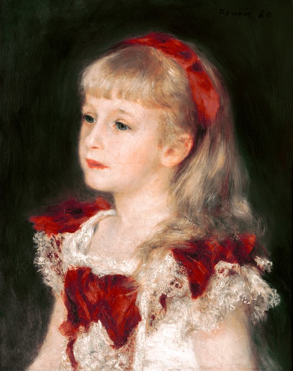 Pierre-Auguste Renoir, Mademoiselle Grimprel au ruban rouge (Kind,Mädchen,Mensch,Impressionismus,Portrait,Französische Kunst,Brustbild,Dreiviertelprofil)