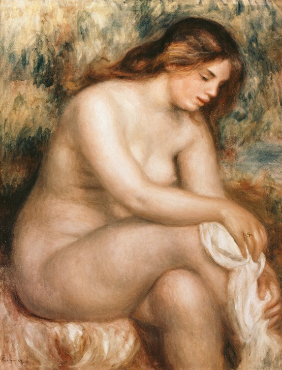 Pierre-Auguste Renoir, Baigneuse assise s'essuyant la jambe (Bad Im Freien,Frau,Impressionismus,Akt,Französische Kunst,Handtuch,Abtrocknen,Junge Frau)
