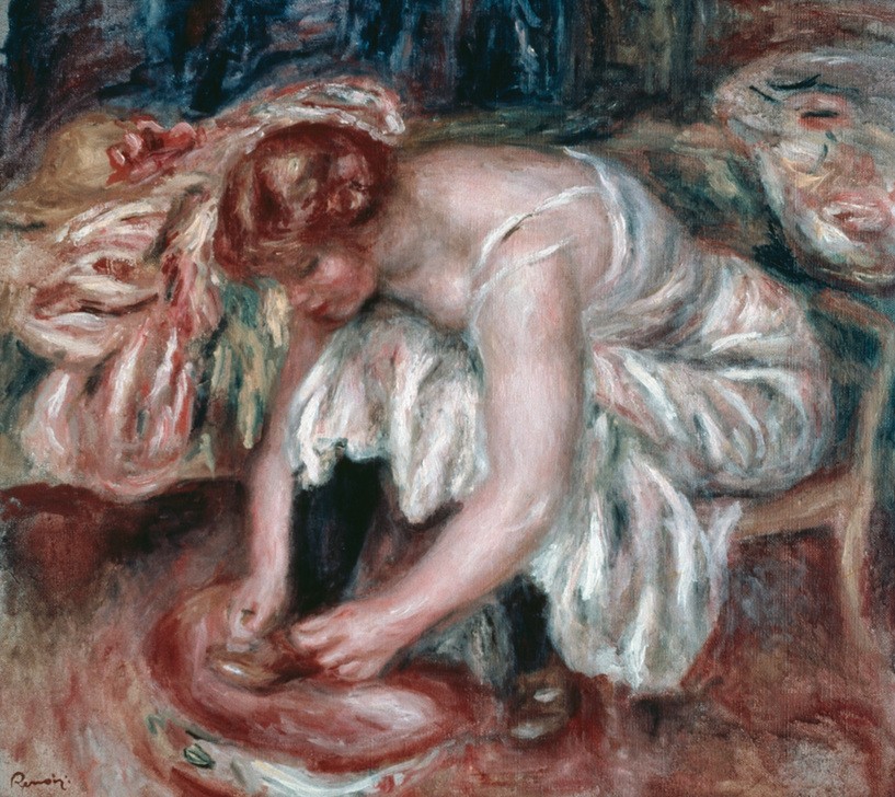 Pierre-Auguste Renoir, Femme faisant sa toilette (Frau,Kunst,Morgentoilette,Schuhe (Schuh),Impressionismus,Französische Kunst,Frauenleben,Junge Frau)