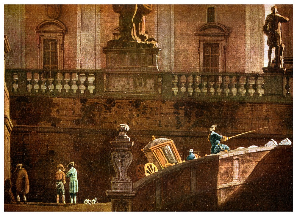 Bernardo Bellotto, A coach in Rome, 18th century (1956) (Rom, Palast, Gebäude, Mauerwerk, Ballustrade, Auffahrt, Kutsche,  Alltagsszene, Menschen,  historisch, Rokoko, Malerei, Wohnzimmer, Wunschgröße, Klassiker, bunt)