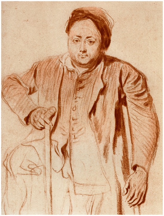 Jean-Antoine Watteau, Portrait of a Man on Crutches, c 1710 (Zeichnung, Klassiker, Mann, Gehbehinderter, Krücke,  Studie, Rokoko, Wohnzimmer, Klassiker, Wunschgröße, rötel)