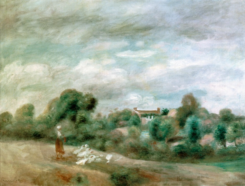 Pierre-Auguste Renoir, Les oies à Pornic (Frau,Geflügelzucht,Kunst,Landschaft,Impressionismus,Französische Kunst,Hirtin,Gänsehirtin,Landwirtschaft)