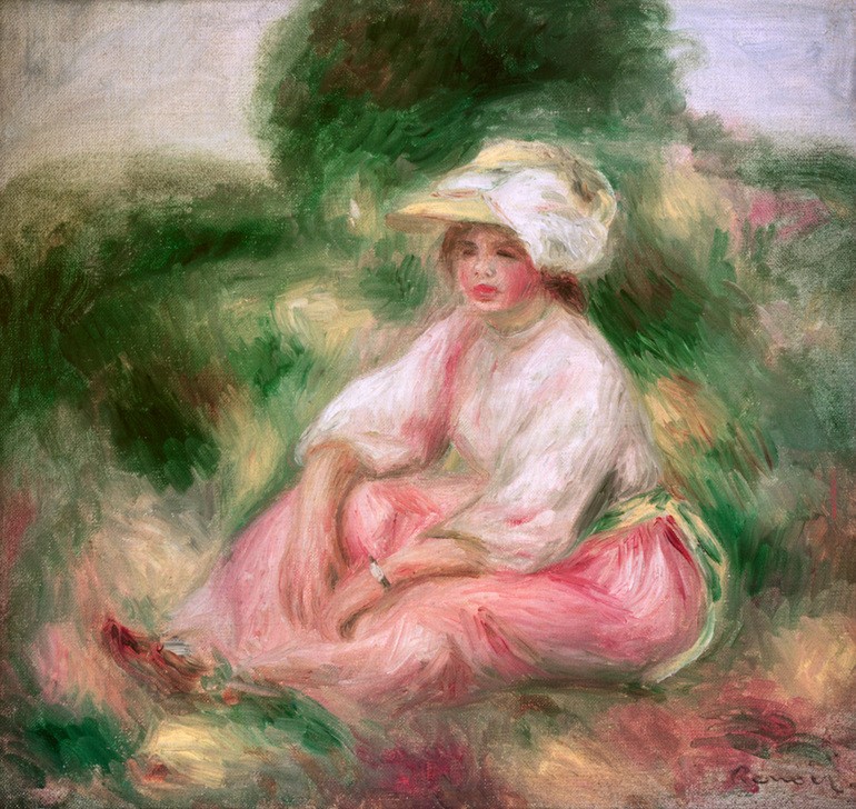 Pierre-Auguste Renoir, Femme assise dans l'herbe (Frau,Mensch,Impressionismus,Wiese,Französische Kunst,Im Freien (Allgemein),Sitzen,Naturverbundenheit)