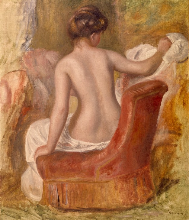 Pierre-Auguste Renoir, Nu dans un fauteuil rouge (Frau,Impressionismus,Akt,Rückenfigur,Französische Kunst,Handtuch,Sessel,Abtrocknen,Junge Frau)