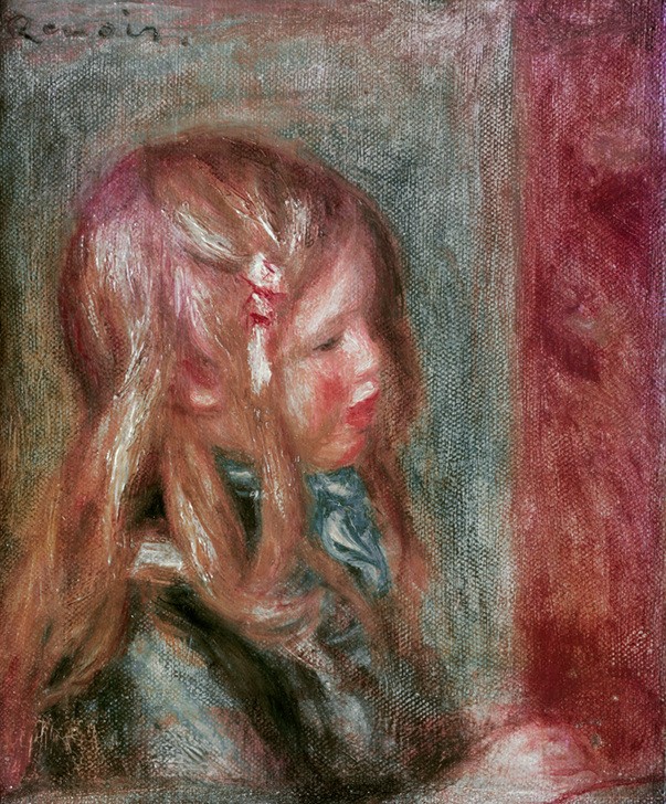 Pierre-Auguste Renoir, Tête de Coco en bleu (Kind,Künstler,Kunst,Mensch,Impressionismus,Kleinkind,Portrait,Französische Kunst,Knabe,Haarschleife,Schleife,Langes Haar,Kinderbildnis,Jahrhundertwende)