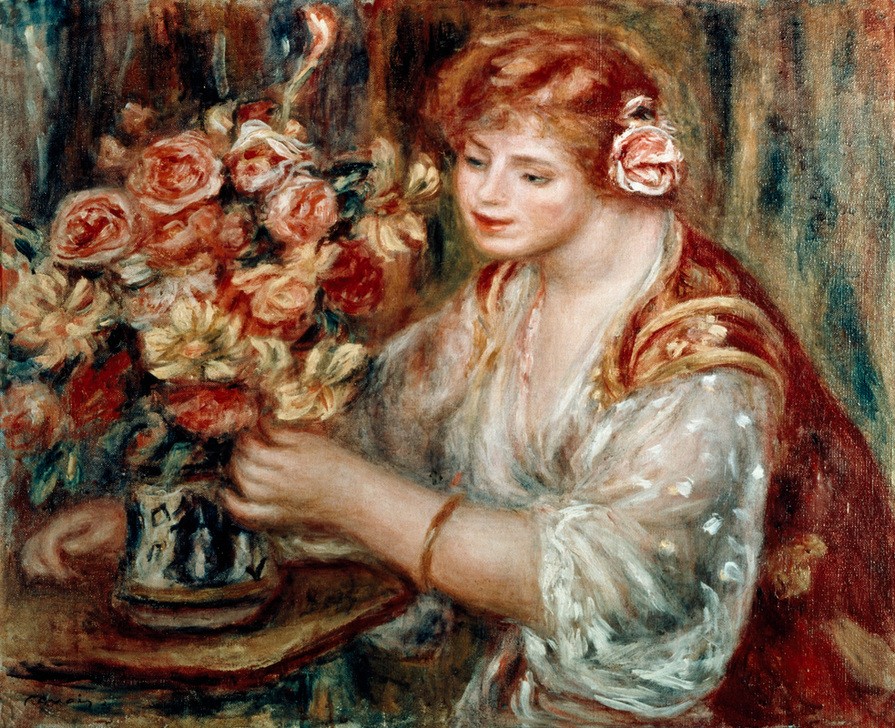 Pierre-Auguste Renoir, Grand bouquet de fleurs (Frau,Kunst,Impressionismus,Tisch,Stillleben,Blumenstrauss,Vase,Französische Kunst,Blume,Sitzen)