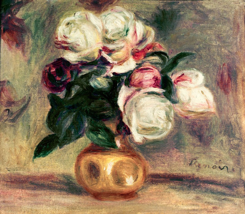 Pierre-Auguste Renoir, Roses blanches (Kunst,Rose,Impressionismus,Stillleben,Blumenstrauss,Vase,Französische Kunst,Blume)