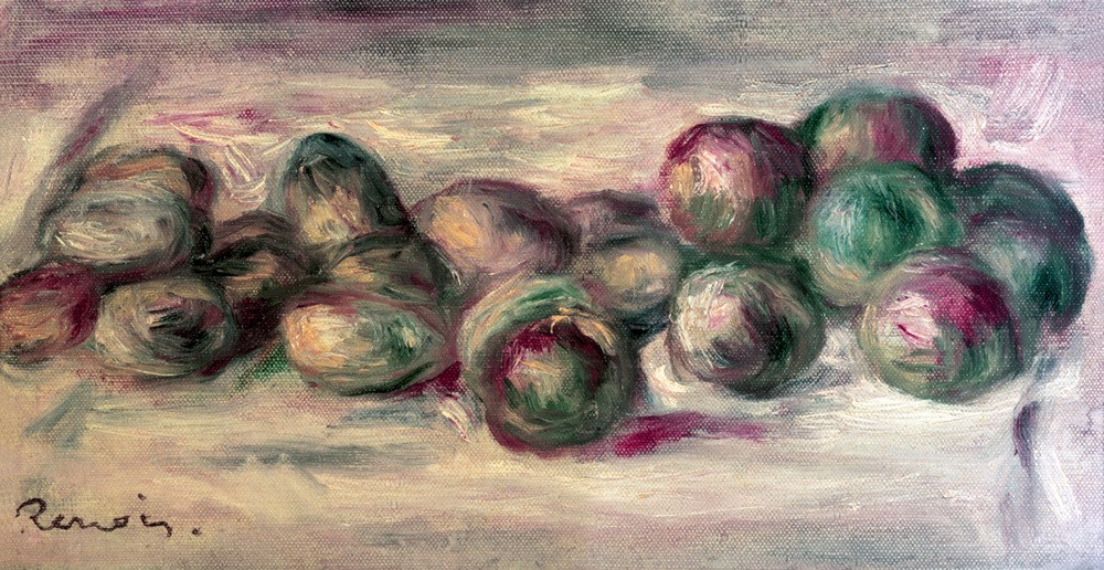 Pierre-Auguste Renoir, Nature-morte aux prunes et aux amandes (Früchte,Kunst,Mandel (Botanik),Obst,Pflaume,Impressionismus,Nahrungsmittel,Stillleben,Nuss,Französische Kunst,Signatur)