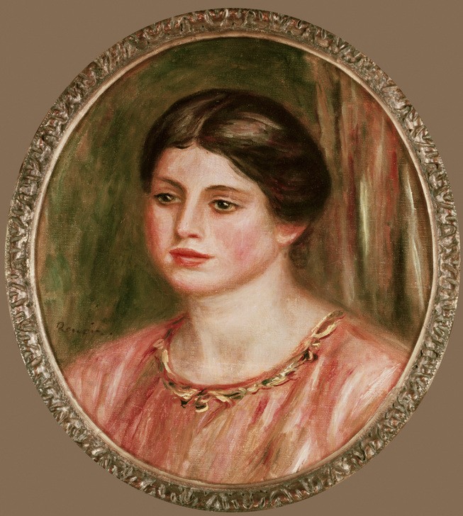 Pierre-Auguste Renoir, Jeune fille en rouge (Frau,Kunst,Mädchen,Mensch,Impressionismus,Portrait,Französische Kunst,Junge Frau,Brustbild,Oval)