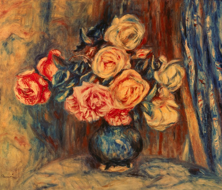 Pierre-Auguste Renoir, Les roses au rideau bleu (Kunst,Rose,Impressionismus,Stillleben,Blumenstrauss,Vase,Französische Kunst,Vorhang,Blume)