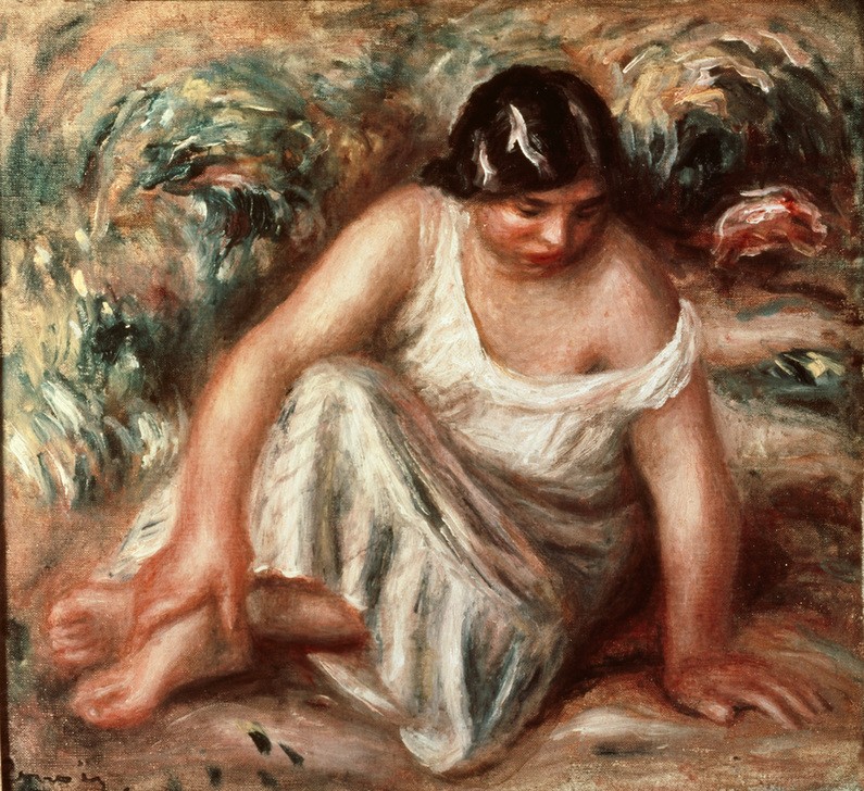 Pierre-Auguste Renoir, Femme accroupie (Frau,Kunst,Mensch,Impressionismus,Französische Kunst,Im Freien (Allgemein),Sitzen,Junge Frau,Person)
