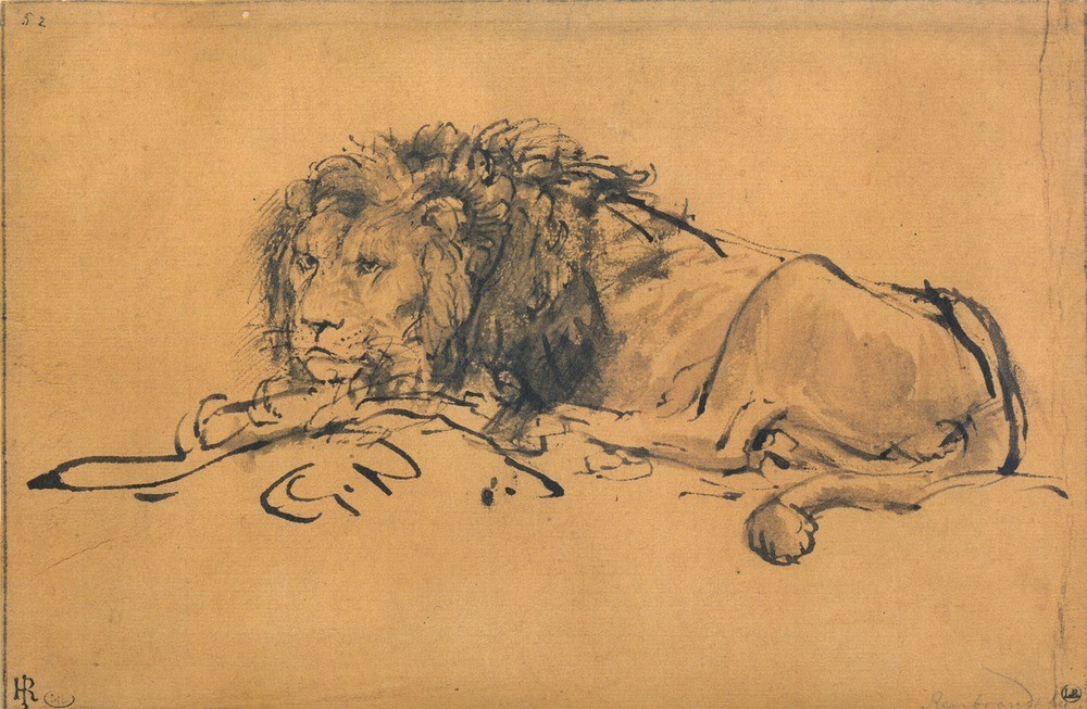 Rembrandt Harmenszoon van Rijn, Lion Resting, Turned to the Left, c1650 (Kunst,Tier,Alarm,Kunstgalerie)