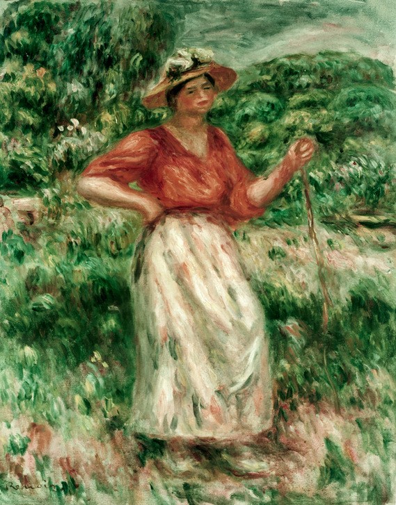 Pierre-Auguste Renoir, Femme marchant dans l'herbe (Frau,Kunst,Landschaft,Mensch,Impressionismus,Hut,Stock,Gras,Französische Kunst,Junge Frau,Ganzfigurig,Person)