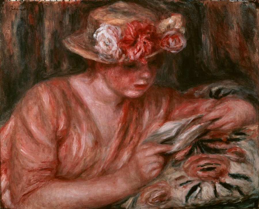 Pierre-Auguste Renoir, La liseuse rose (Buch,Frau,Leser,Literatur,Mädchen,Impressionismus,Hut,Portrait,Lesen (Allgemein),Französische Kunst,Leserin,Junge Frau)
