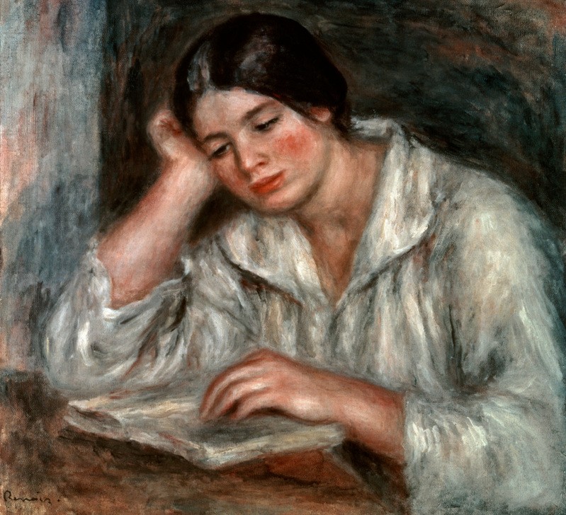 Pierre-Auguste Renoir, La liseuse blanche (Buch,Frau,Leser,Literatur,Mädchen,Impressionismus,Hut,Portrait,Lesen (Allgemein),Französische Kunst,Leserin,Junge Frau,Kopf Stützen)
