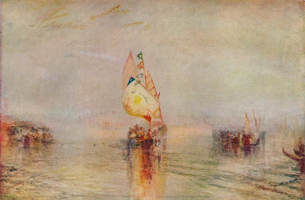 JOSEPH MALLORD WILLIAM TURNER, The Sun of Venice Going to Sea (Astronomie,Boot,Geographie,Museum,Sonnenuntergang,Stadt,Transport,Sonne,Wissenschaft,Meer,Segelboot,Tag,Segel)