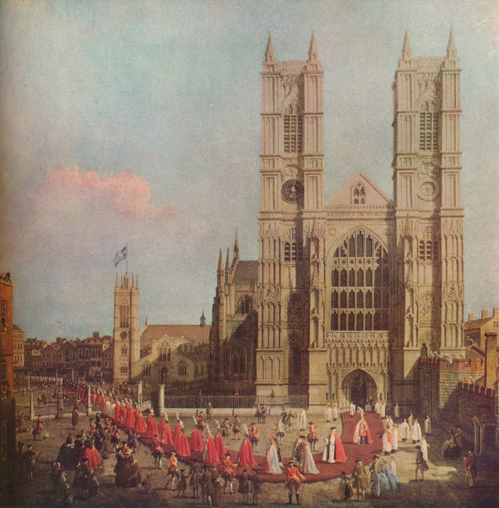 Giovanni Antonio Canaletto, Proession of the Order of the Bath (Abtei, Kirche, Gebäude, Fassade, Türme, Ornate, Kirchliche würdenträger, Prunk, Pracht, roter Teppich, Prozession, Religion, England, Bath,  Barock, Klassiker, Wunschgröße, Wohnzimmer)