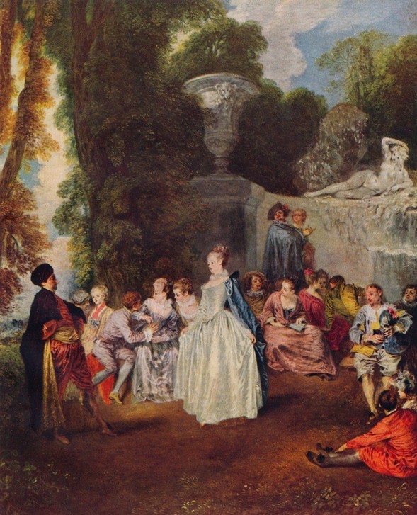 Jean-Antoine Watteau, Fetes Venitiennes (Frau, Gesellschaft, Venezianisches Fest, Party, Freizeit,Sommer, Tanz,    Dame, Zuschauer, Metapher, Rokoko, Wohnzimmer,  Klassiker,  Wunschgröße,)