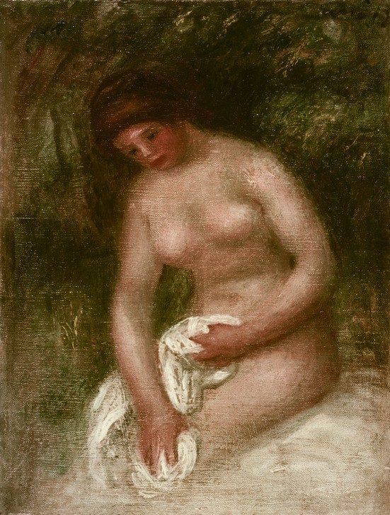 Pierre-Auguste Renoir, Nu au linge (Bad,Frau,Impressionismus,Akt,Französische Kunst,Sitzen,Badetuch)
