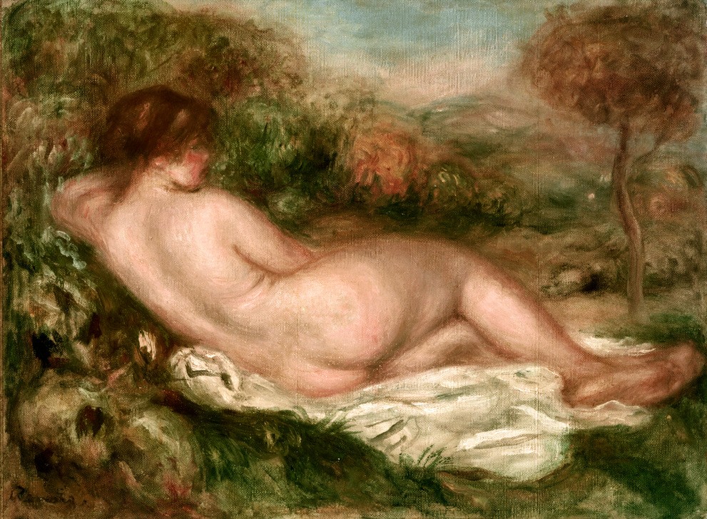 Pierre-Auguste Renoir, Nu couché (Frau,Impressionismus,Akt,Rückenfigur,Französische Kunst,Im Freien (Allgemein),Liegen)