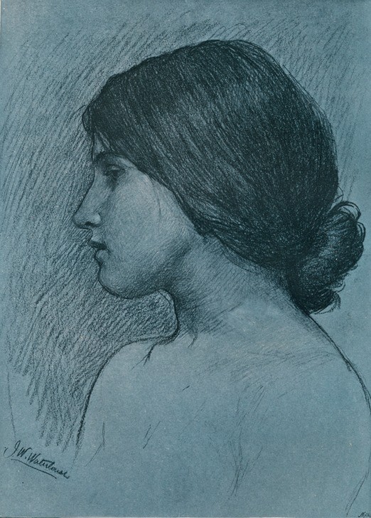 John William Waterhouse, Study of a Head (Frau,Schönheit,Portrait,Studie,Haut,Eleganz,Dame,Brötchen,Profil,Blau,Kopf,Braune Haare,Metapher,Frisur,Farbe)