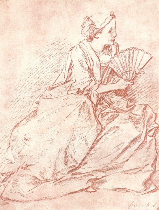 Francois Boucher, The Lady with the Fan (Frau, Fächer, Portrait, Sitzende, Studie, Zeihnung, Schlafzimmer, Treppenhaus, Klassiker, Wunschgröße, Rötel)