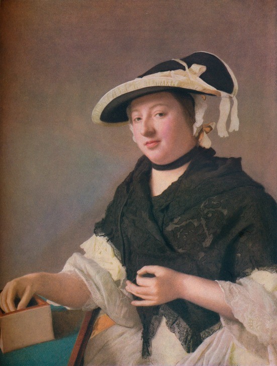 Jean-Etienne Liotard, Lady Fawkener (Frau,Landhaus,Hut,Zeitschrift,Schal,Portrait,Gestik,Kleid,Dame,Gebäude,Band,Farbe)