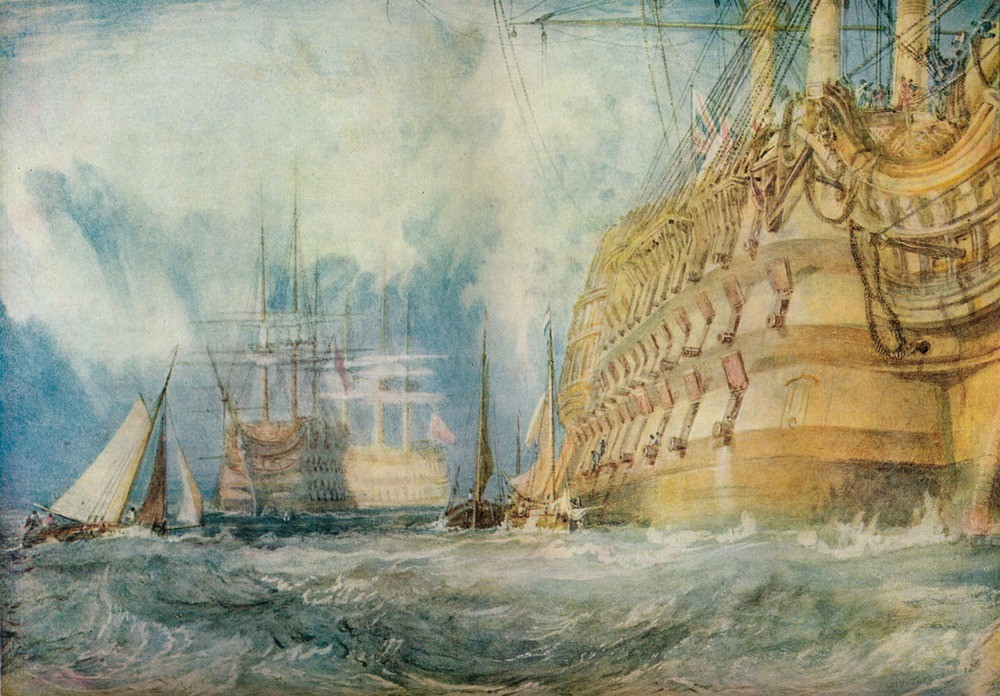 JOSEPH MALLORD WILLIAM TURNER, A First Rate Taking in Stores (Geographie,Museum,Schiff,Segeln,Transport,Meer,Laden,Tag,Takelung,Mast,Welle,Farbe)