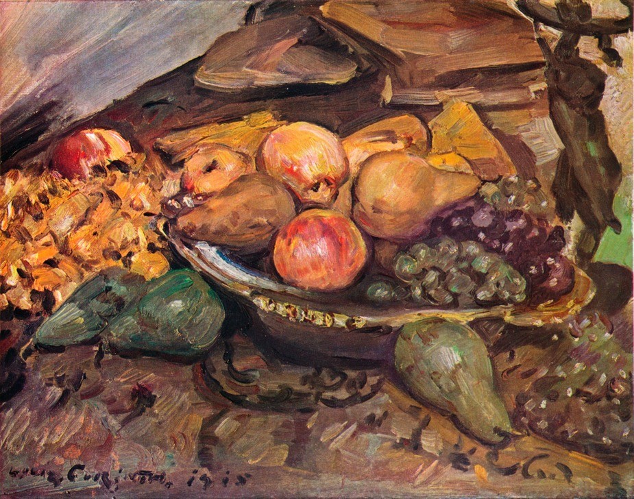 Lovis Corinth, Still-Life with Fruit (Früchte,Tag,Birne,Weintraube,Tischplatte,Schüssel,Gelb,Nahaufnahme,Farbe)