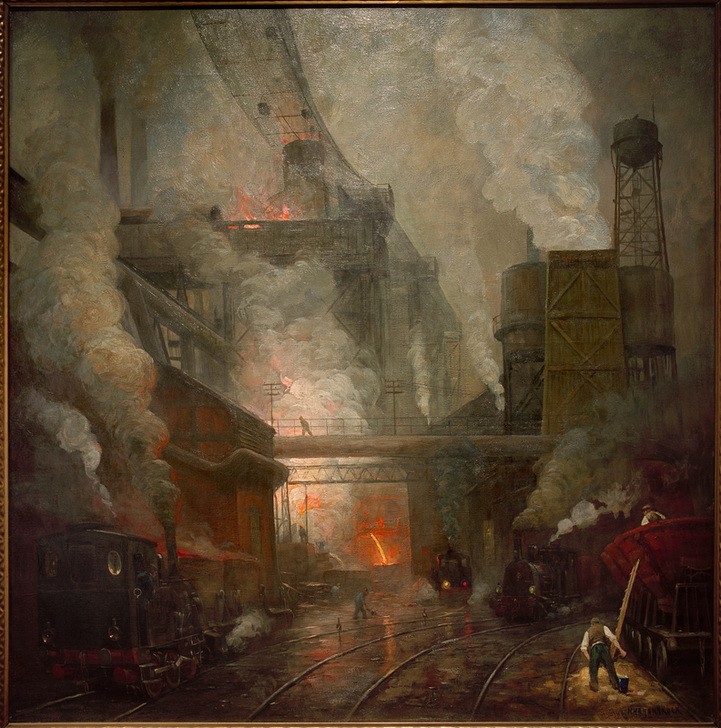 Herman Heijenbrock, Hochofenabstich in Hörde (Arbeiter,Arbeit,Eisen Und Stahl,Fabrikarbeit,Verhüttung,Industrie,Kunst,Mann,Mensch,Luftverschmutzung,Technik,Fabrik,Architekturdarstellung,Niederländische Kunst,Rauch,Hochofen,Emission,Stahlwerk,Abstich,Stahl,Qualm)