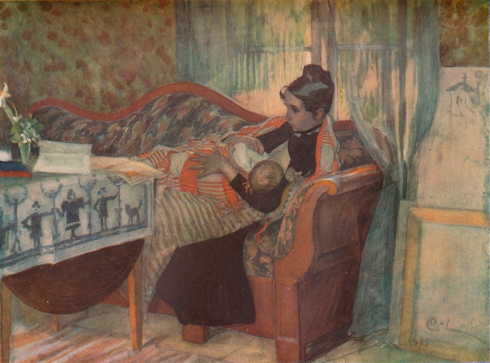 Carl Larsson, Mother and Child (Baby,Familie,Fenster,Kind,Möbel,Portrait,Mutter,Sofa,Tag,Frisur)