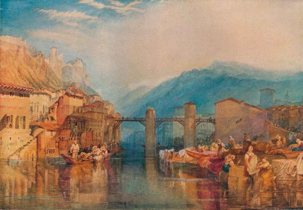 JOSEPH MALLORD WILLIAM TURNER, Grenoble Bridge (Boot,Brücke,Geographie,Mann,Museum,Stadt,Transport,Fluss,Tag,Ansicht,Braun,Berg,Farbe)