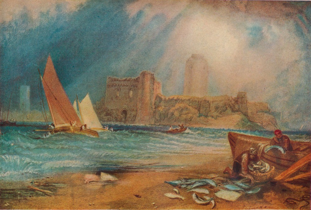 JOSEPH MALLORD WILLIAM TURNER, Pembroke Castle, Wales (Boot,Fischerei,Frau,Geographie,Mann,Museum,Schloss,Segeln,Transport,Meer,Tag,Reparatur,Dame,Blau,Knien,Gebäude,Farbe)