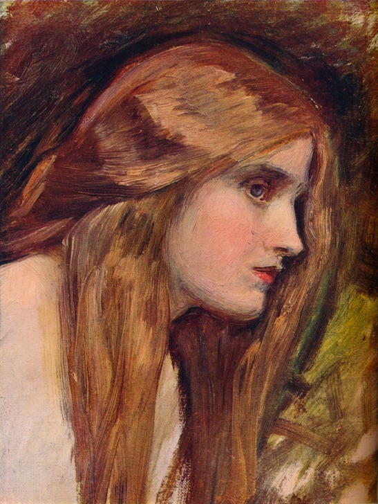 John William Waterhouse, Study for Phyllis and Demophoon (Frau,Kosmetik,Lippenstift,Mythologie,Schönheit,Portrait,Verfassung,Studie,Tag,Dame,Profil,Langes Haar,Rot,Farbe)