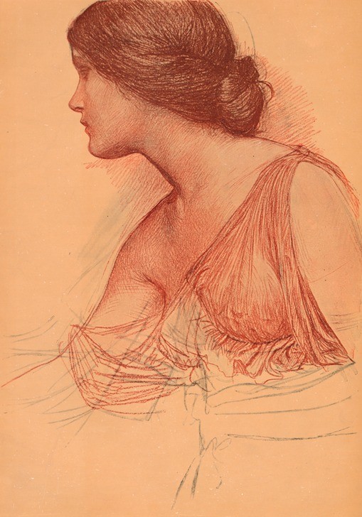 John William Waterhouse, From a study in sanguine (Frau,Schönheit,Portrait,Kleid,Eleganz,Dame,Profil,Braun,Braune Haare,Farbe)
